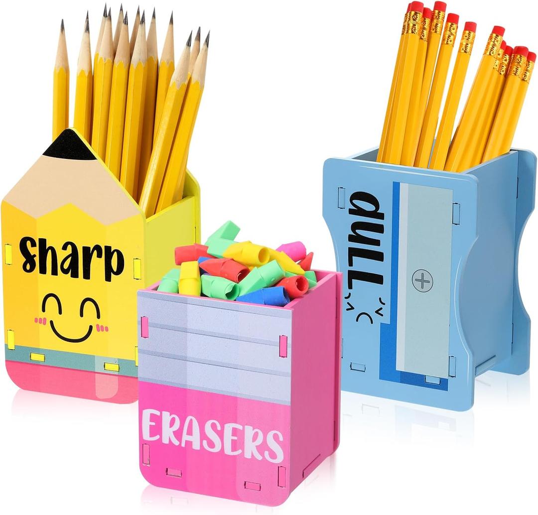 3 Pcs Pencil Shaped Holder Sharp and Eraser and Dull Holder Wooden Dispenser Pencil Storage Organizer for Back to School Management Organization(Cute)