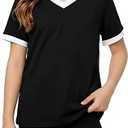 Poroka Girls Short Sleeve Shirt V-Neck Tee with Ribbed Trim Plain T-Shirts Soft Fashion Summer Tops for Girls, 11-12Y