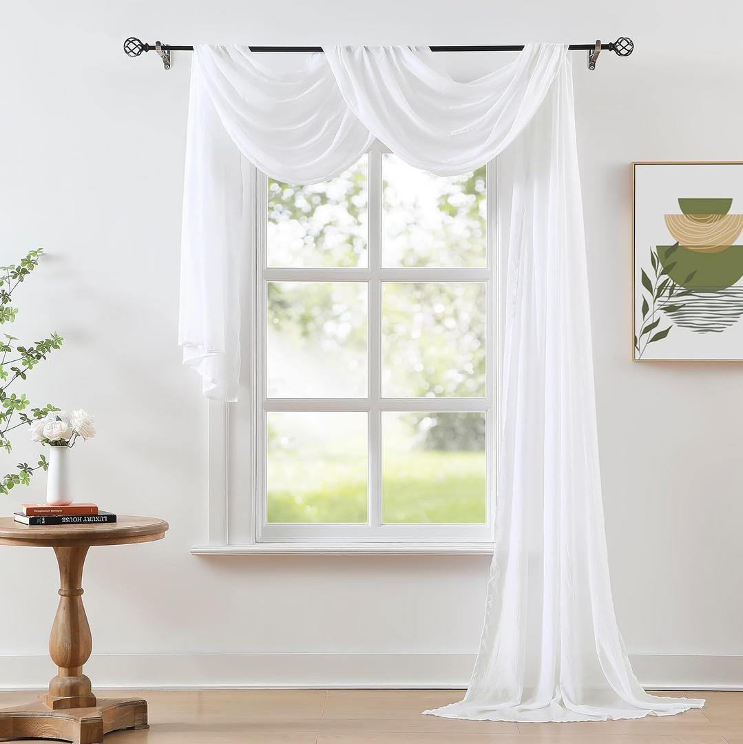 White Chiffon Sheer Window Scarf Valance Curtains 18ft for Living Room Bedroom Decor, 216 Inch Long Chiffon Crinkle Soft Window Sheer Voile Valance for Holiday, Wedding Party Decor, 52"W, 1 Piece