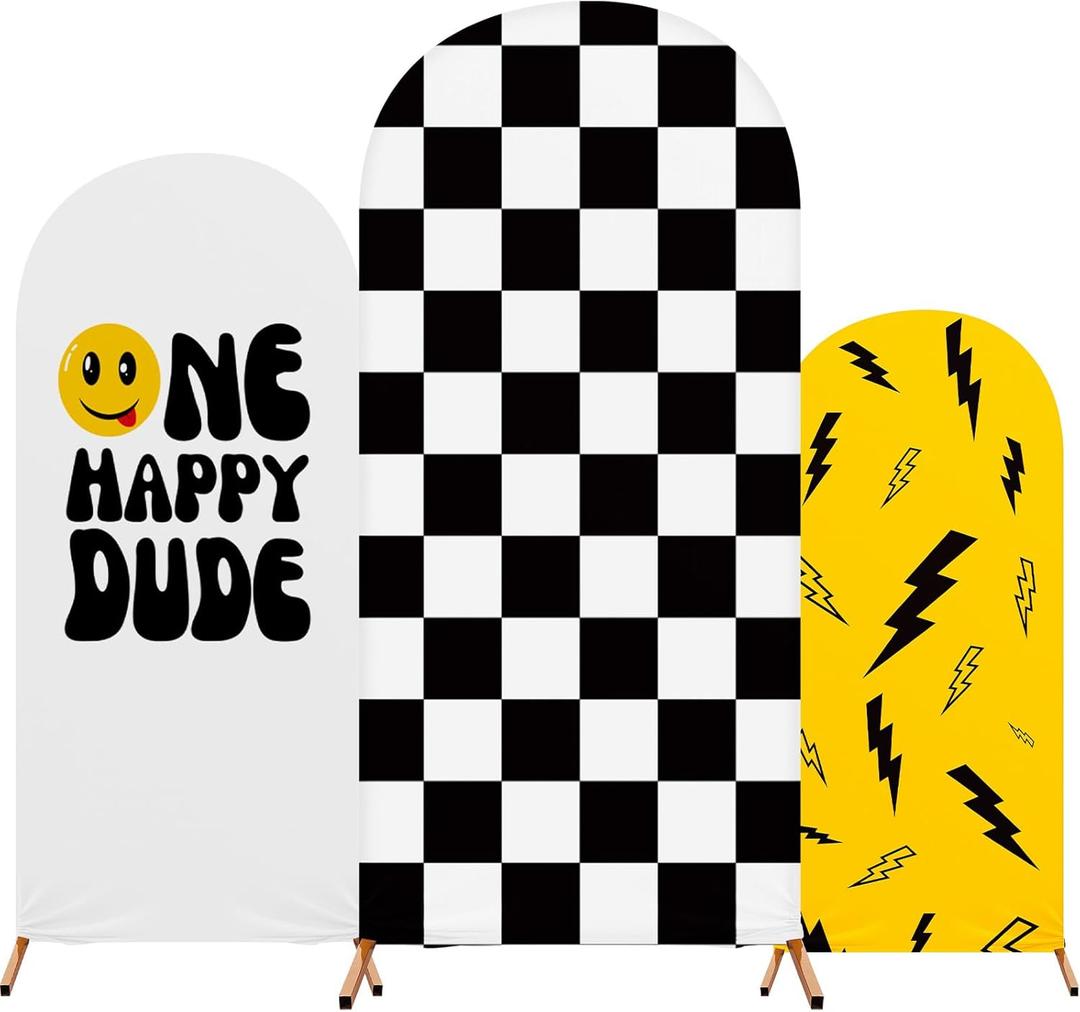 RimCereal One Happy Dude Theme Birthday Decoration, Set of 3 One Happy Dude Theme Arch Cover Stretch Spandex Fitted Wedding Arch Stand Covers, 4ft, 5ft, 6ft(White, Yellow, Black-white,Mixed Style)