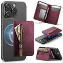 Strapurs Magnetic Card Holder Compatible with MagSafe Phones and Cases, PU Leather Slim Phone Wallet for iPhone 16/ 15/ 14/ 13/ 12/ Pro/ Max/ Plus, 4 Card Slots RFID Blocking with Zipper Pocket - Burgundy