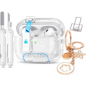 for Airpods Pro 2nd/1st Generation Case Shining Clear with Lock&Bling Keychain for Women&Girly,Cute Soft TPU Clear Cases Cove for Airpods Pro 2 Case with Cleaning Kit,Phone Holder Function