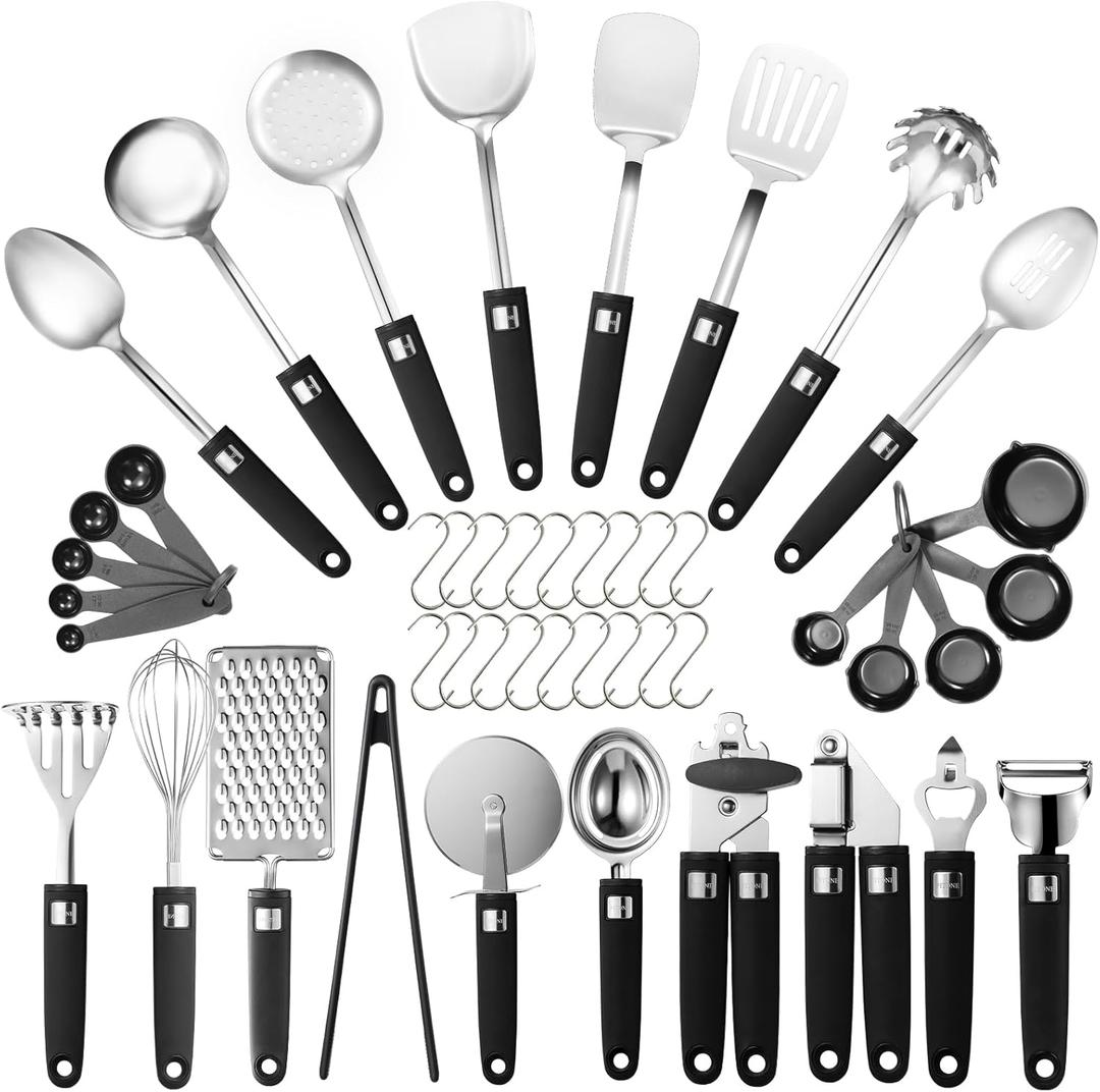 46Pcs 18/8 Stainless Steel Kitchen Utensils Set, Stainless Steel Cooking Utensils, Complete Tools with Metal Kitchen Gadgets for Beginner Cooks, Apartment Dwellers, Homemakers, Dishwasher Safe