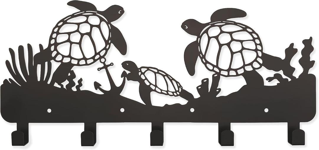 Sea Turtle Coat Hooks Key Holder for Wall Metal Sea Animal Wall Art Beach Theme Decor for Home Living Room Bathroom Garden Patio Gift for Ocean Lovers, Black