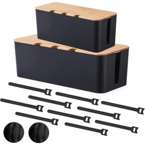Cord Organizer Box Black 2 Pack, Wooden Cable Management Box with Cable Clip Holders and Reusable Cable Ties, Cord Management Box Cable Organizer Box with Bamboo Lid for Power Strip Extension Cord