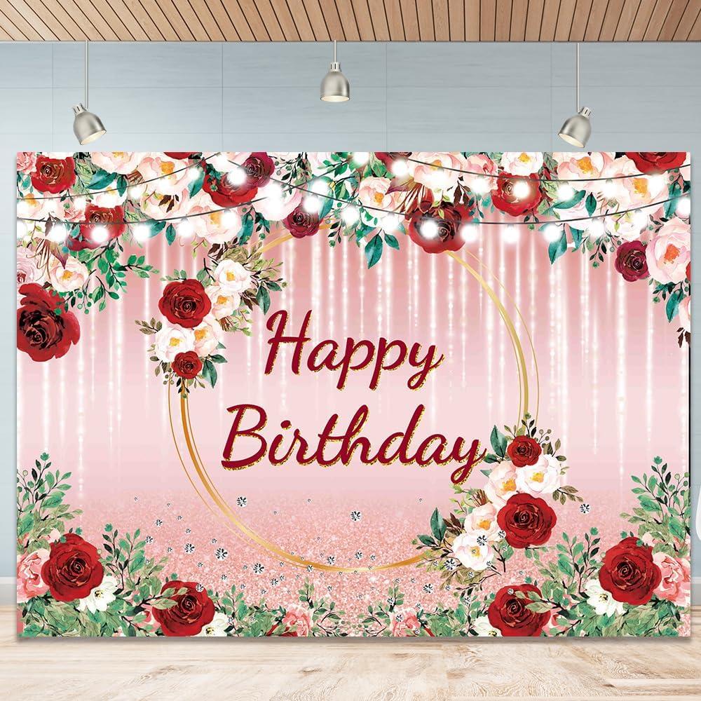 Pink Happy Birthday Backdrop for Women 7x5Ft Pink and Red Rose Birthday Backdrop Banner for Girl 's Party Decorations Banner for 30th 40th 50th Women Polyester Photography Background 7x5Ft