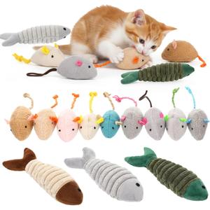 Leitee 12 Pack Cat Toys Bulk Plush Cat Mice Fish Toys Set Mouse Dog Toy for Indoor Kittens Puppies to Eliminate Boredom, Multicolored, Not Filled Catnip(Plush Fish)