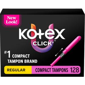 U by Kotex Click Compact Tampons, Regular Absorbency, Unscented, 128 Count (8 Packs of 16) 