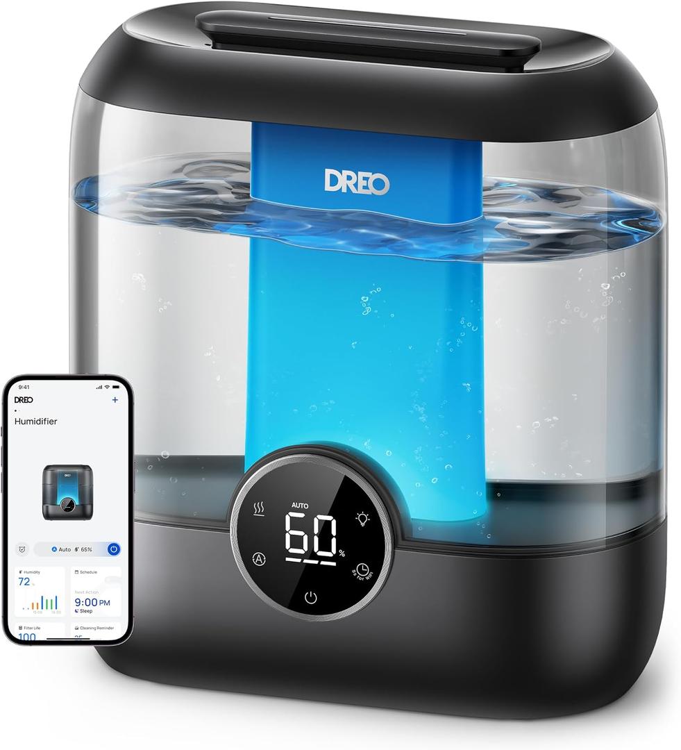 DREO Smart Humidifiers for Bedroom, 6L Top Fill Supersized Cool Mist Humidifier for Large Room, 60 Hour Runtime, Quiet Ultrasonic Humidifier for Plants, Indoor, Home, Night Light, Black