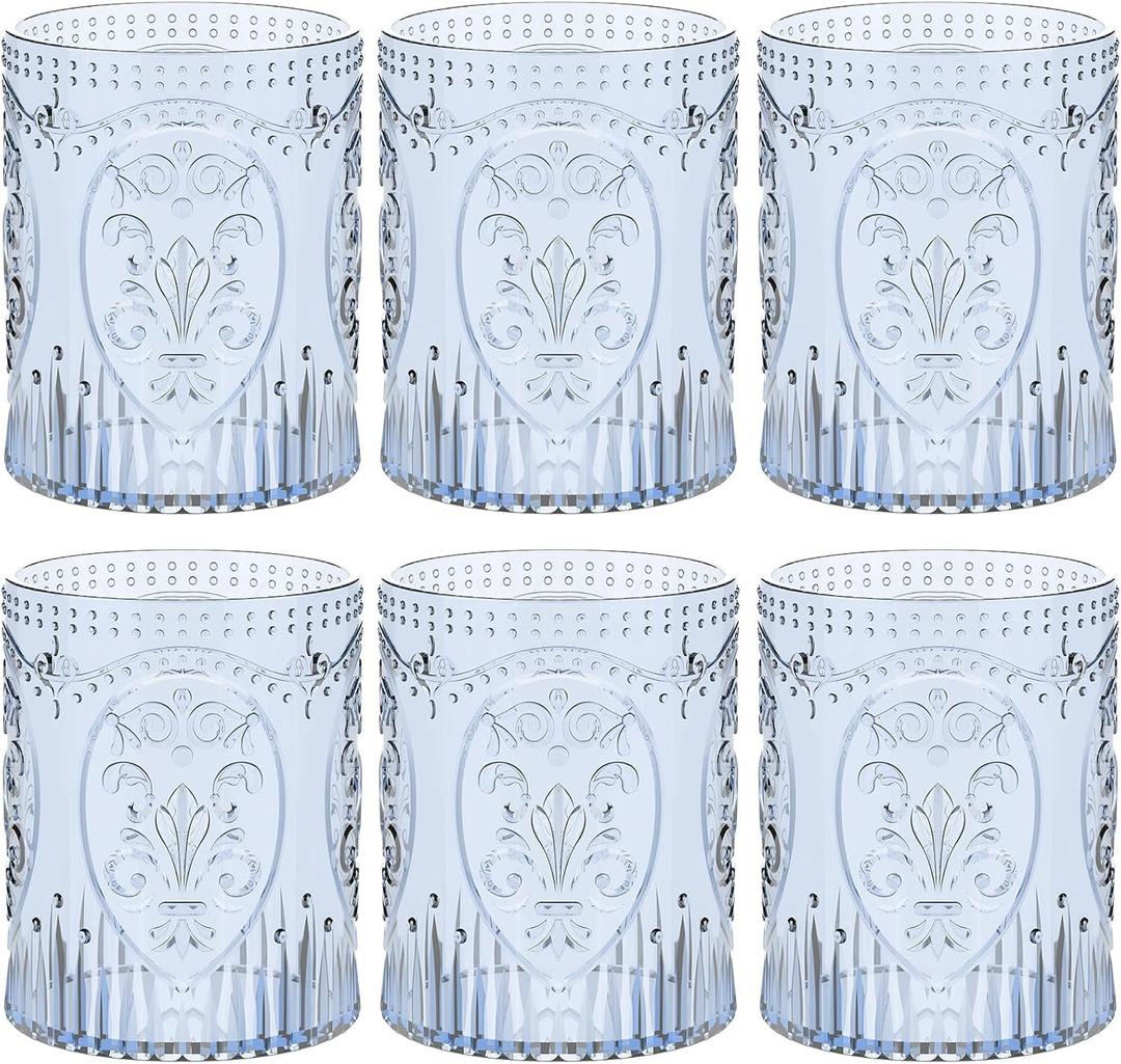 Qinyoung 6 Plastic Vintage Drinking Glasses 8.5oz Stemless Retro Embossed Wine Glasses Shatterproof Reusable Cups for Baby Shower Wedding Reception Grand Event Party (Blue)