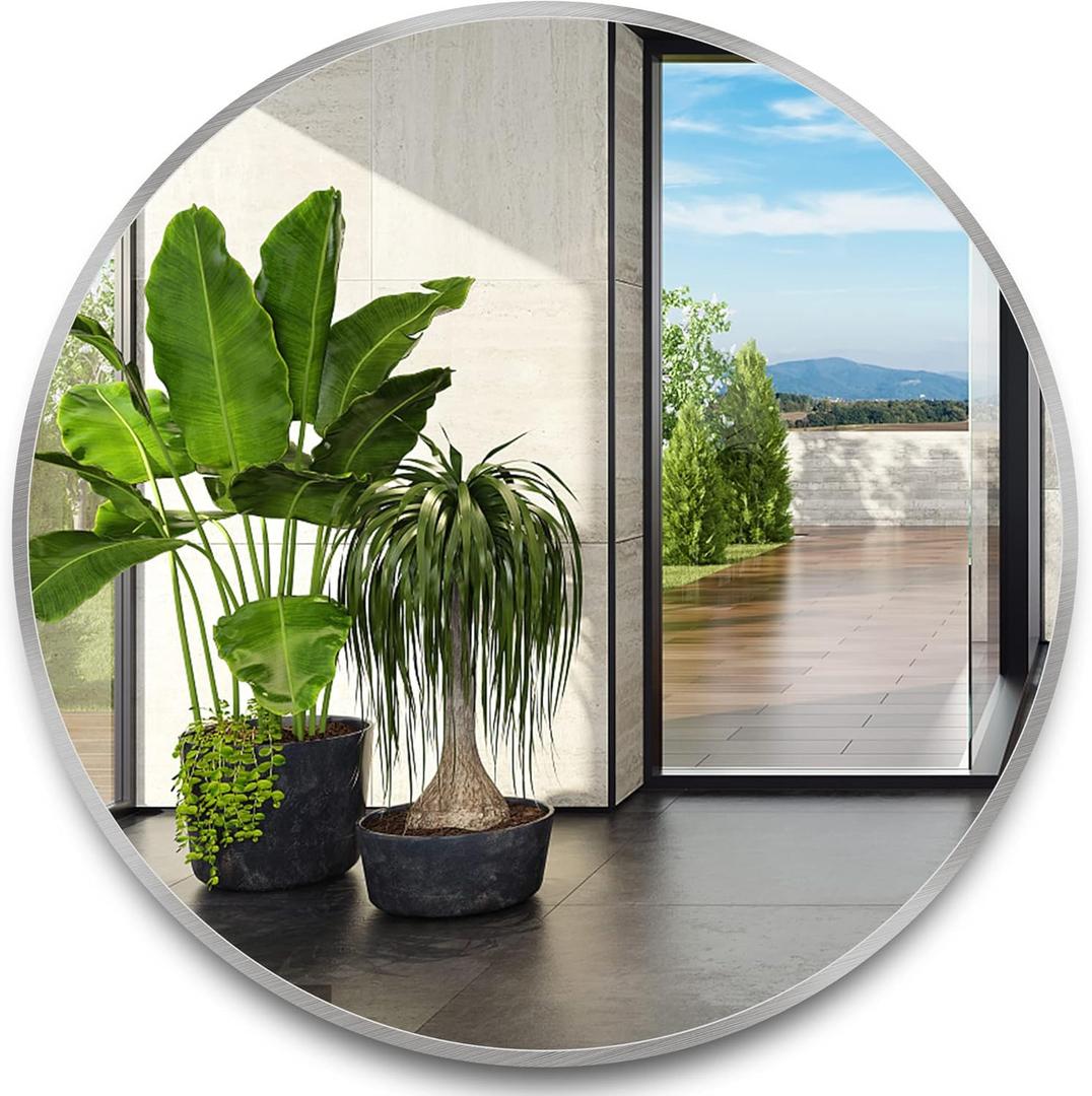 36 Inch Silver Tempered Glass Round Mirror,Bathroom Mirror,Metal Frame Vanity Mirror,Circle Wall Mirror for Bathroom Bedroom Living Room Entryways Washrooms