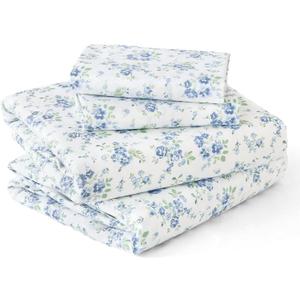 MUXHOMO Queen Size 4 Piece Sheet Set, Soft Breathable Bed Sheet Set for Bedroom with Deep Pocket Up to 16", Wrinkle-Free & Cooling Bedding for Oeko-TEX Certified - Blossoms Light Blue (Queen (60"80"))