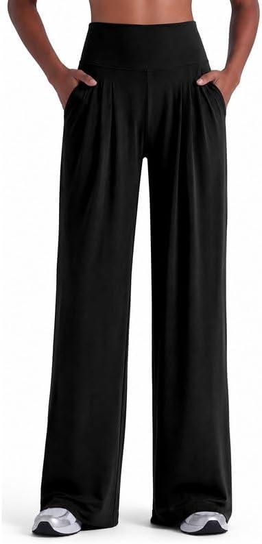 Sunzel Wide Straight Leg Yoga Pants for Women High Waisted Comfy Loose Pants Lounge Casual Soft Trousers with Pockets (L, Black)