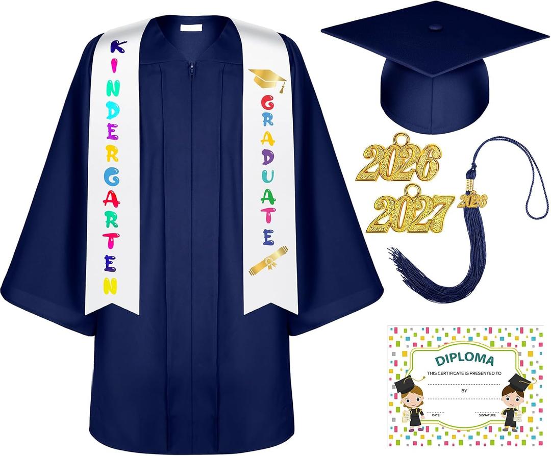 Lasnten Matte Kindergarten Graduation Gown Cap Tassel Set with 2026/2027 Charm Stole Accessories for Kids Grad Gift (Blue, M)