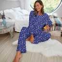 Ekouaer Women's Waffle Knit Pajama Sets Comfy Long Sleeve Lounge Sets 2 Piece Matching Pj Sets with Pockets (Blue, XL)