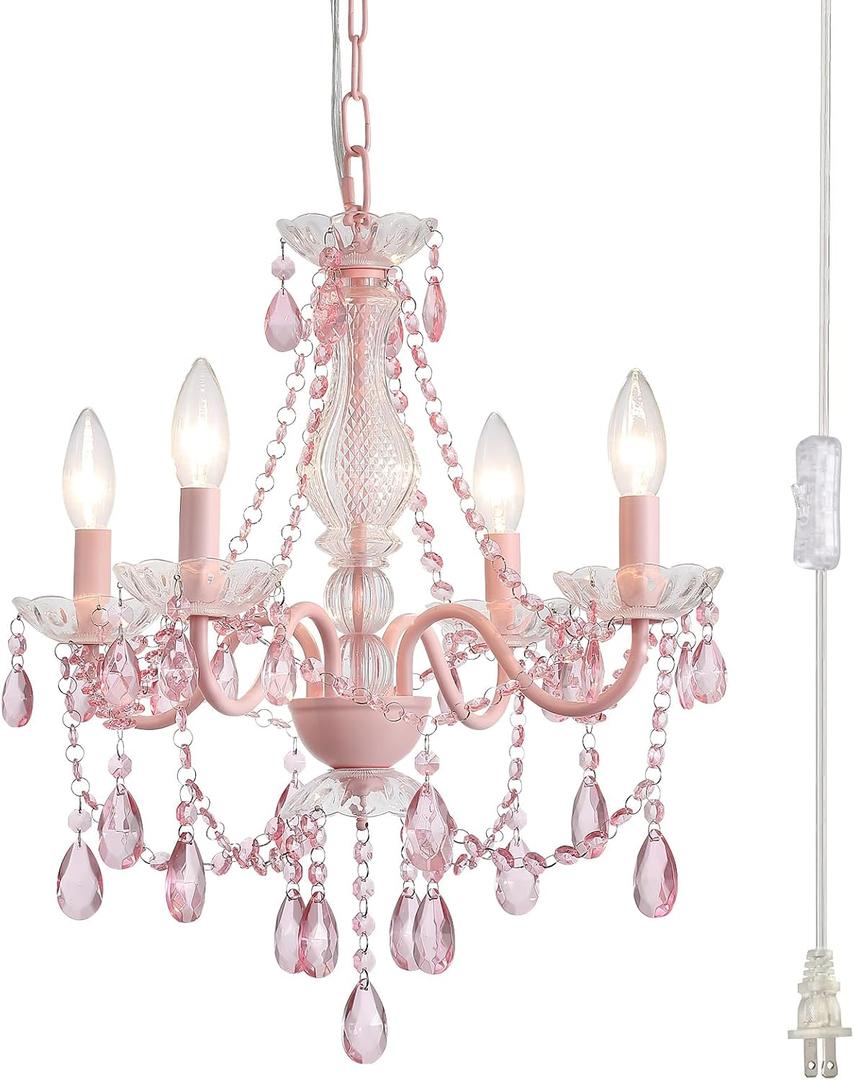 Plug in Crystal Pink Chandelier, Not acrylic Crystal,Mini 4 Lights for Girls Room,Pink Crystals Hanging Pendant Light with Clear Cord and On/Off, Chandelier for wedding, Kitchen, Dining,Foyer,Island