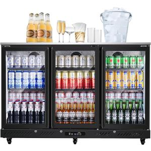 BODEGACOOLER Commercial Bar Cooler With 3 Glass Doors,12 Cu.Ft Counter Height Back Beverage Refrigerator,Display Bar Fridge with LED Lighting,Beverage Cooler for Beer Stainless Steel Top,With Casters