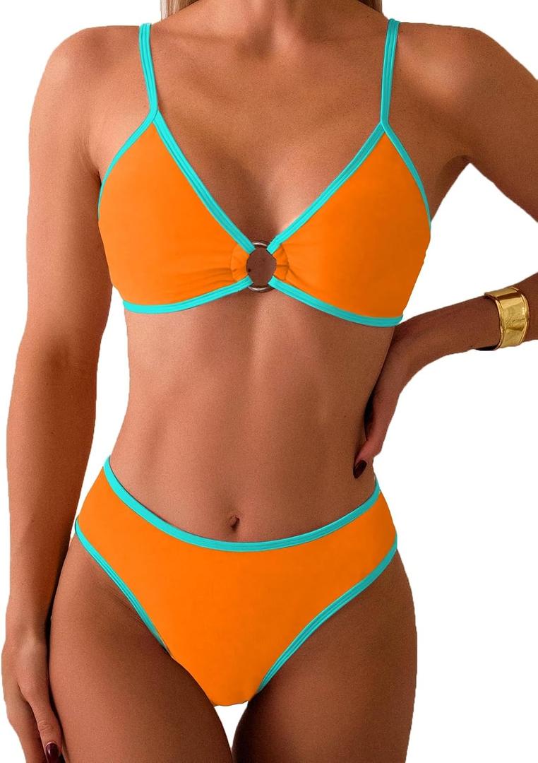 Fanuerg Women's Triangle Bikini Sets Circle Ring Linked Two Piece Swimsuit Color Block Cheeky Bathing Suit 2026 Orange L