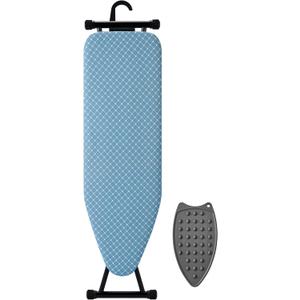 BKTD Compact Ironing Board 13 x 43, Iron Board with Heat Resistant Surface, Adjustable Height, Space Saving Table with Hook & Iron Rest for Home & Laundry Room, Diagonal Checkered Blue