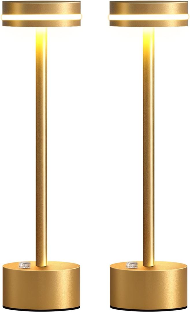 Cordless Table Lamp Set of 2, Battery Powered LED Desk Lamp Portable Table Lights 3-Level Brightness Touch Control, Lighting for Home Office Bedroom Hotel Restaurant Outdoor Night Light(Gold)