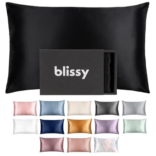 Blissy Silk Pillowcase - 100% Pure Mulberry Silk - 22 Momme 6A High-Grade Fibers - Silk Pillow Cover for Hair & Skin - Regular, Queen & King with Hidden Zipper (Standard, Black)