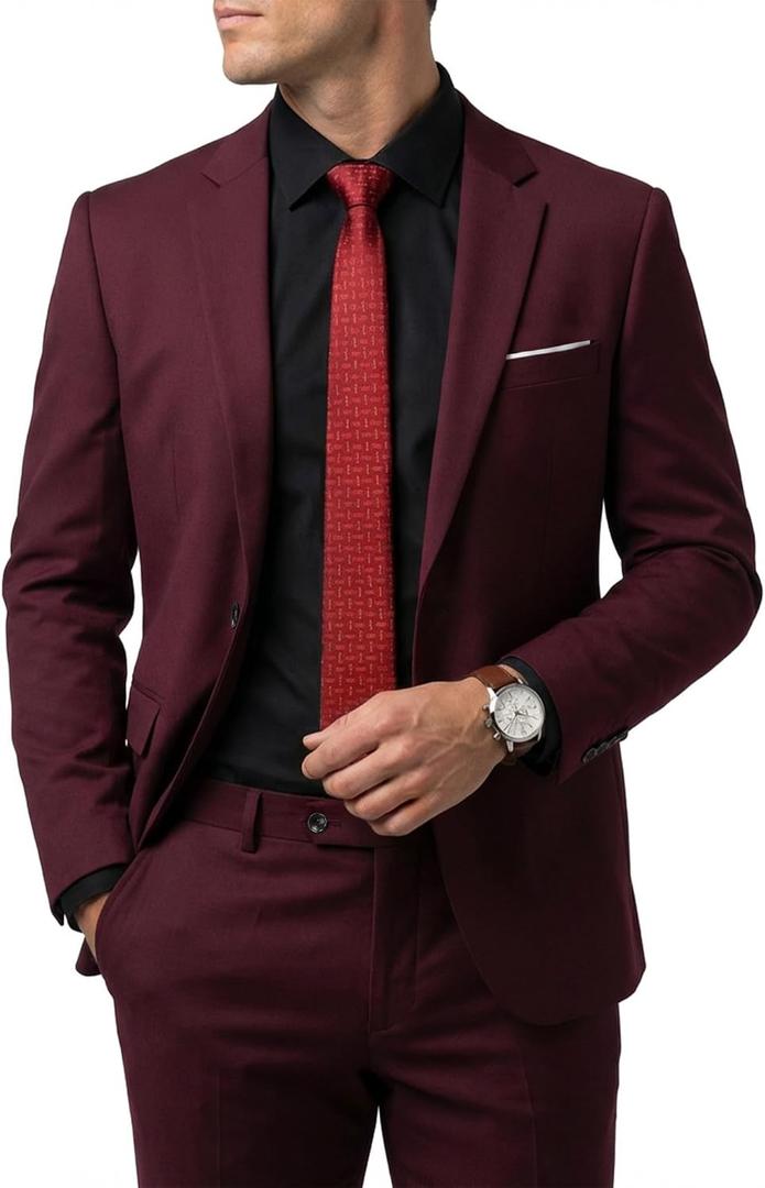 Hihawk Men's 2 Piece Suit with Tie, One Button Slim Fit Solid Jacket & Pants Set, Suits for Men Party Wedding Prom & Business (XX-Large, Burgundy)