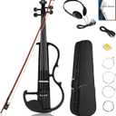 Vangoa Electric Violin Full Size 4/4, Black Silent Electric Violin, Solid Wood Metallic Electric Fiddle with Ebony Fittings, Beginner Kit for Adults Teens