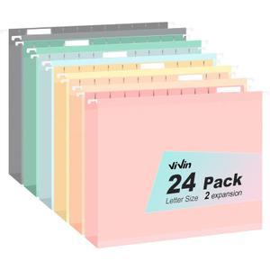 ViVin Hanging File Folders, 1/5-Cut Adjustable Tabs with 24 Per Box, 2 Inch Expansion, 24 Pack Letter Size Hanging File Folders, Designed for Office Home School Filing Cabinet(Assorted)