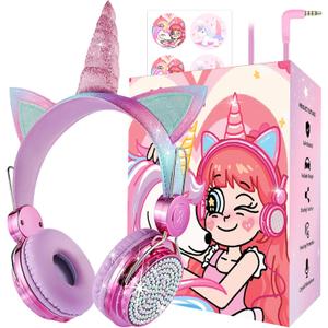 Kids Unicorns Headphones with Mic for School/Travel,95dB Volume Limited,Shareport,On/Over Ear Wired Headsets with Nylon Cable-Hot Pink 