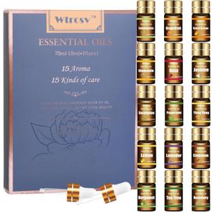 Essential Oils Set - Top 15 Scents for Diffuser, Humidifier, Skin Care, Aromatherapy, Massage, Candle & Soap Making - Fragrance Gift Set (5ml)