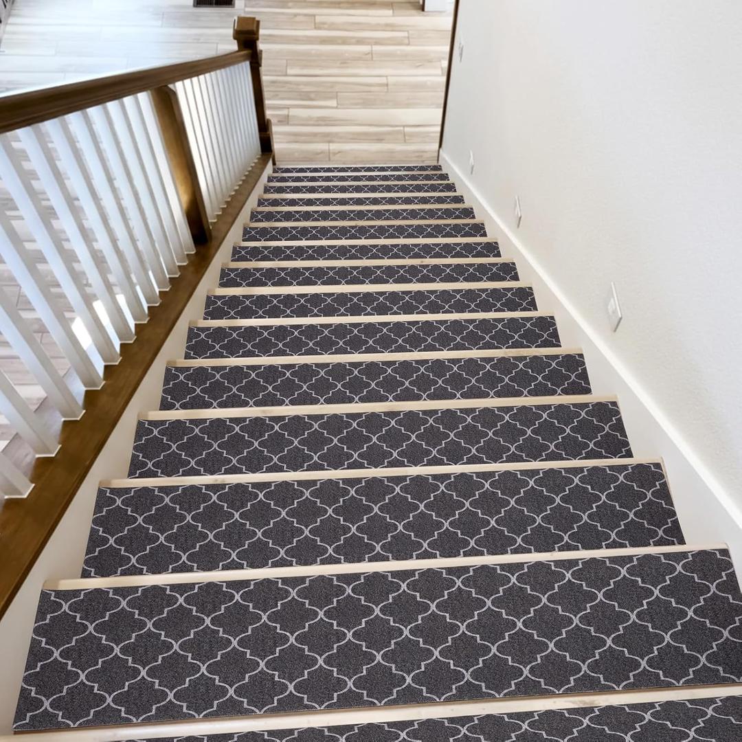 15 Pcs Non Slip Stair Treads for Wooden Steps 8 x 32 Inch Peel and Stick Carpet Stair Treads with Reusable Adhesive Indoor Staircase Rugs Bulk Dark Gray Mats for Home Elders Pets Supplies