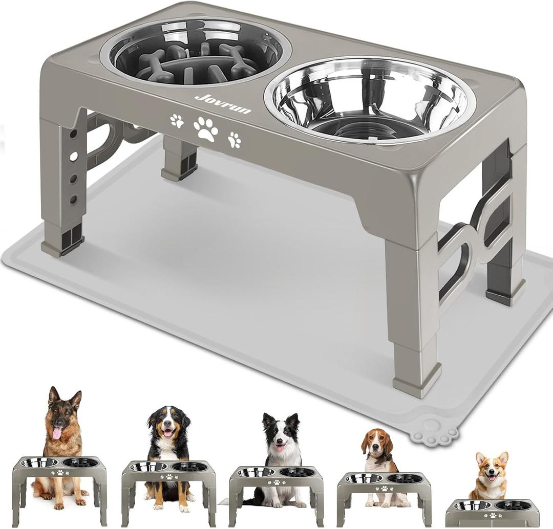 Elevated Dog Bowls for Medium Size Dogs with Mat, Non-Slip Dog Feeder with 1*Stainless Steel Dishes & 1*Slow Feeder Bowl, 5 Heights Adjustable Raised Bowls for 3.15-8.66-9.84-11.02-12.2 (Light Borwn Grey)