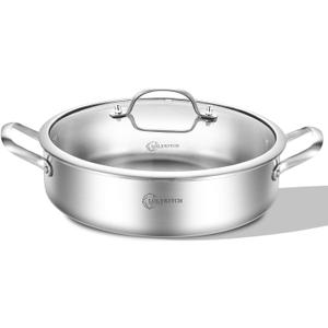LOLYKITCH 7 Quarts Tri-Ply Stainless Steel Saut Pan with Lid,12 Inch Deep Frying Pan,Large Skillet,Jumbo Cooker,Induction Pot,Dishwasher and Oven Safe