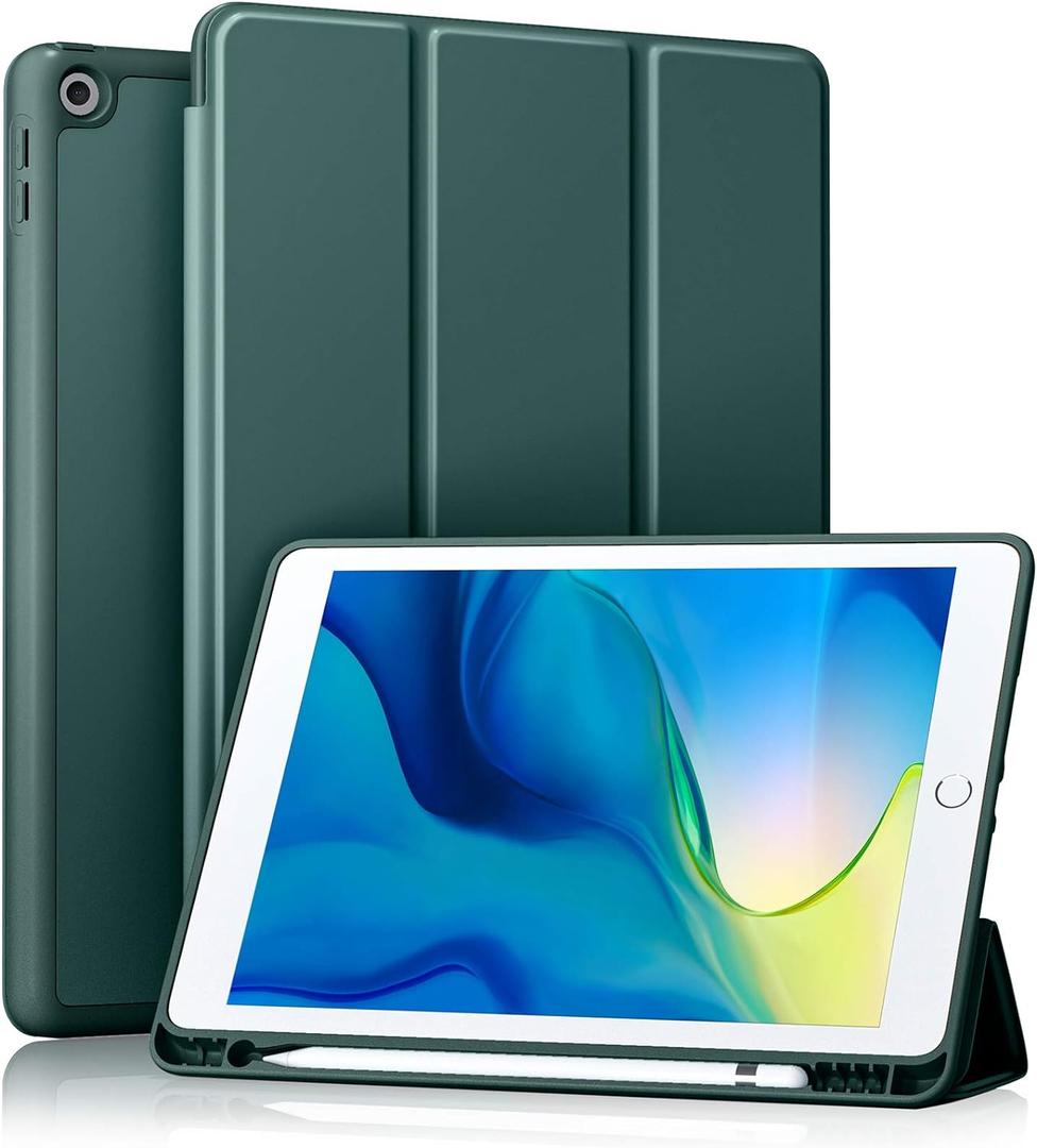 Akkerds Case Compatible with iPad 10.2 Inch 2021/2020/2019, for iPad 9th/8th/7th Generation Case with Pencil Holder, Protective Cover with Soft TPU Back, Auto Sleep/Wake, Pine Green