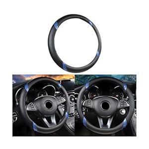 BESULEN Leather Car Steering Wheel Cover, Carbon Fiber Anti-Slip Automotive Steer Wheel Protector, Soft Breathable Vehicle Interior Decor Accessories, 15Inch Universal for SUV, Truck, RV（Black/ Blue）