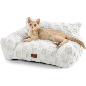 Made4Pets Cat Beds for Indoor Cats, Cat Couch Bed, Soft Faux Fur Checkered Pet Sofa, Calming Fluffy Kitten Sofa with Supportive Foam, Removable Washable Cover with Non-Slip Base, White, Small (26x20x10'')