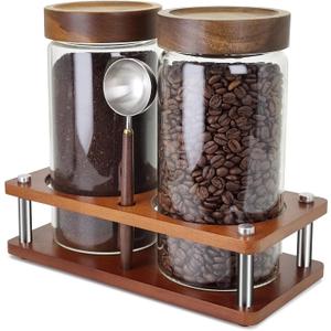 Glass Coffee Grounds Container with Shelf, 2  45 oz Glass Coffee Canisters with Airtight Thread Lid, Storage Jars with Stainless Steel Spoon for Coffee Bean, Sugar,Nut (Brown Bamboo)