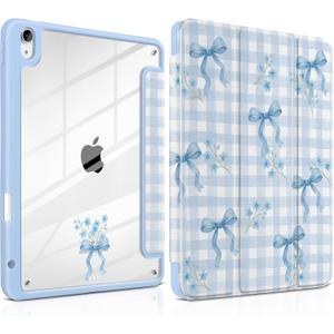 TWOLSKOO Case for iPad Air 11-inch (M4 2026 / M3 2025 / M2 2024), Clear Acrylic Back with TPU Bumper, Pencil Holder, Trifold Stand, Auto Sleep/Wake, Blue Gingham Bows