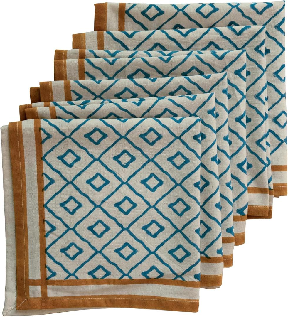 Handblock Print Patterned Cotton Cloth Napkins Set of 6, Washable, Reusable Napkins for Cocktail Parties, Home, Restaurant, Hotel, Event & Everyday Lunch, Dinner, 18" x 18"