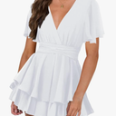 Women's Long Lantern Sleeve Plunging V Neck Dress Tie Waist Layer Ruffle Hem A Line Swing Casual Short Mini Dress XS