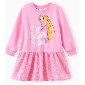 Disney Stitch Minnie Elsa Princess Sweatshirt Dress Toddler Girl Sequin Long Sleeve Pullover Clothes Fall Outfit 2-9 Years (4-5T, Pink)
