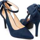 COLETER Womens Bow Knot High Heels Pointed Toe Stiletto Ankle Strap D'Orsay Pumps Bow Evening Dress Shoes (9, Navy Blue)
