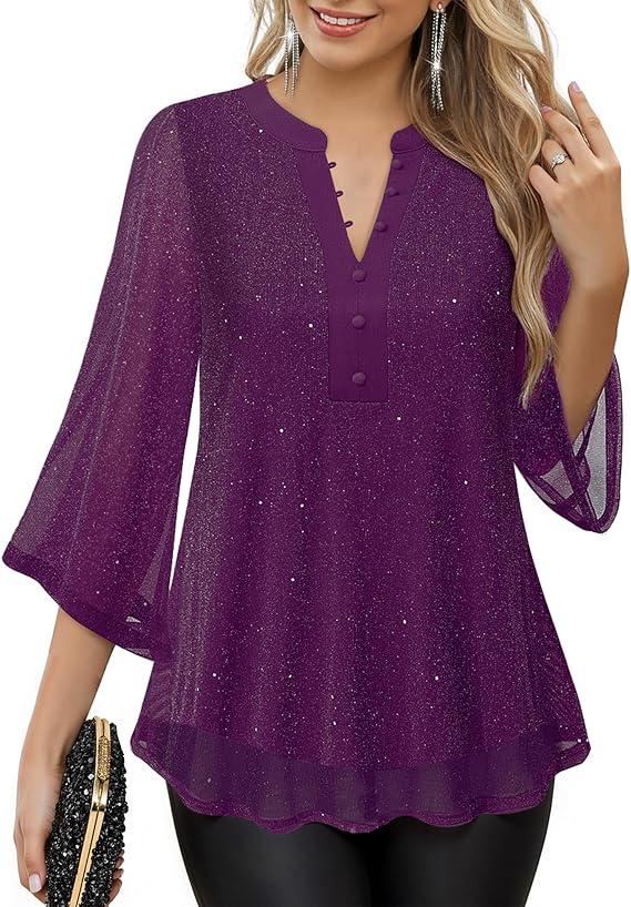 VALOLIA Womens Tops 3/4 Sleeve Sparkly Blouses Dressy Casual Elegant Flowy Double Layers Mesh Shirts, M