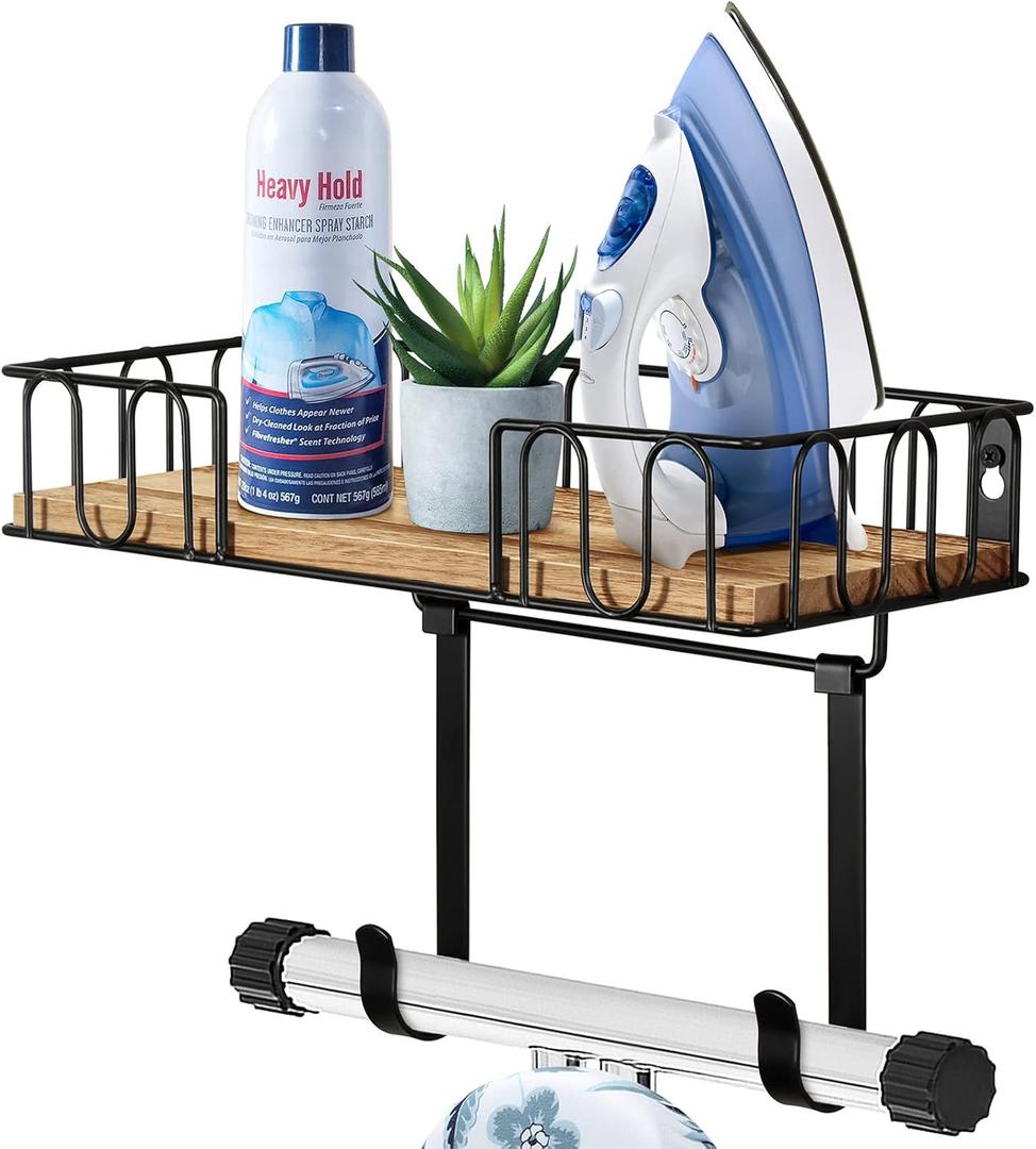 TJ.MOREE Ironing Board Hanger Metal Wall Mount Iron and Ironing Board Holder, Laundry Room Decor and Storage with Large Storage Black Wooden Base Basket and Removable Hooks (Beechwood)