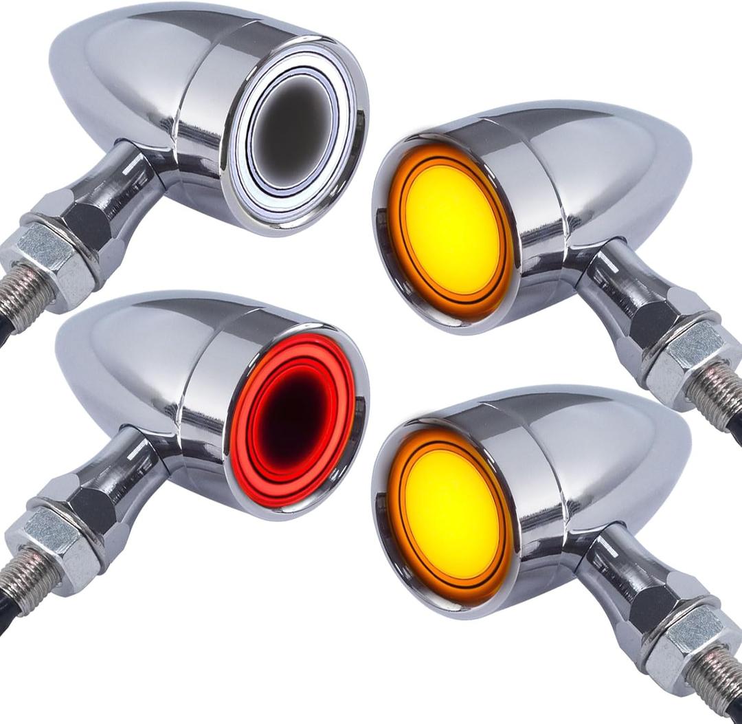 Motorcycle Bullet Turn Signals LED Front Rear Lights 4 PCS, 40 LEDs Retro Switchback Running Turn Brake Light Blinkers Universal Fit Harley Chopper Bobber Sporsters Suzuki Honda -Chrome