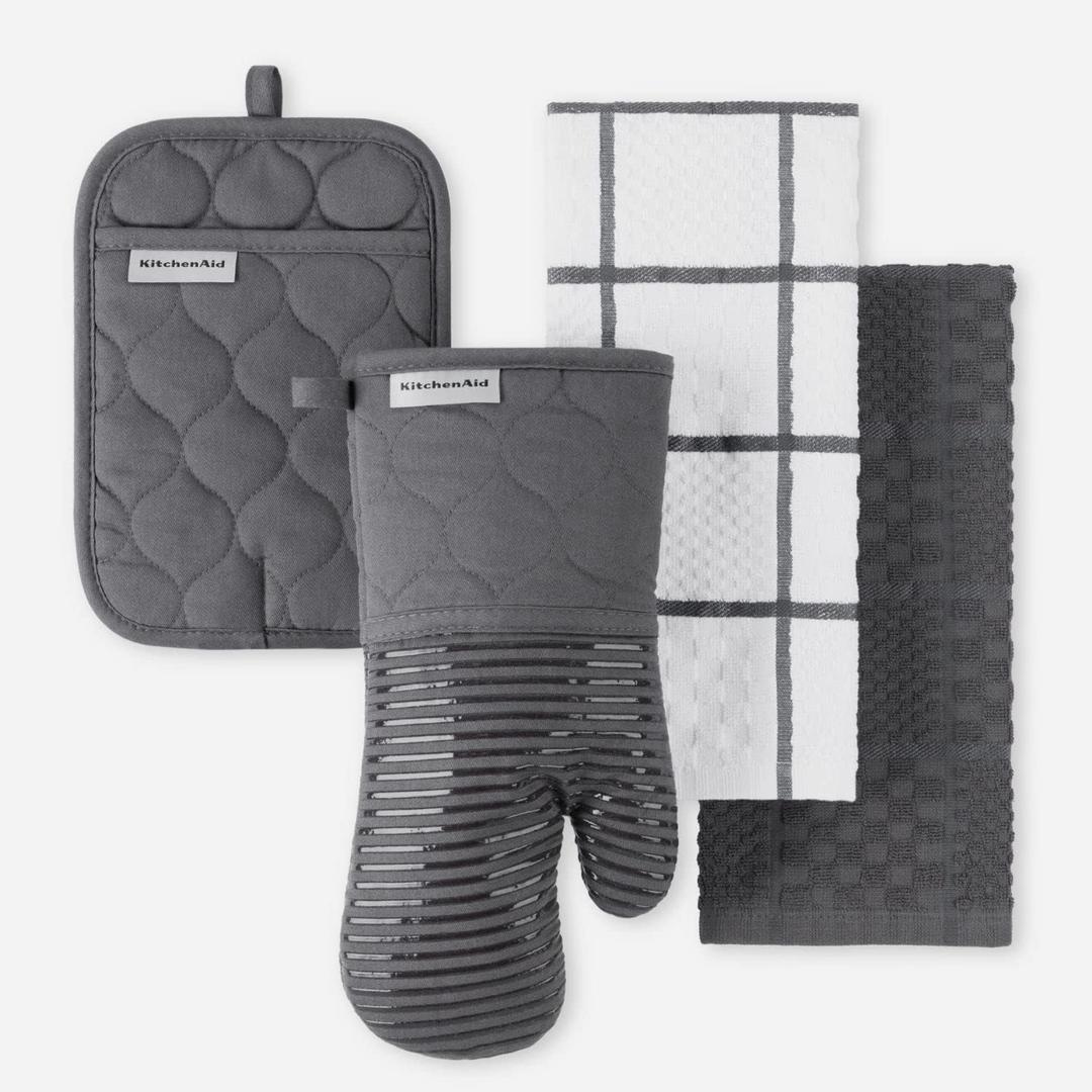 KITCHENAID Quilted Cotton Terry Cloth Oven Mitt, Pot Holder, Kitchen Towel 4-Pack Set, Heat Resistant, Silicone Grip, Gift Set, Charcoal Grey, 16"x26", 7"x13" & 7"x10"