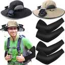 2 Set Wide Brim Solar Fan Hats with 2 Solar Fan and Arm Sleeves Set Outdoor Fishing Bucket Hat for Men Women Hiking (Dark Grey and Khaki)