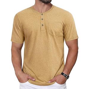 CRYSULLY Men's Henley Shirt Short Sleeve Cotton T-Shirts Pocket 3 Button Tops Lightweight Casual Basic Tee L