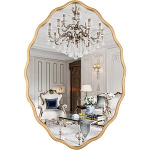 24 * 36 Inch Brushed Gold Oval Ripple Bathroom Mirror Wall Mounted Large Modern Countryside Suitable for Washroom, Bedroom, Living Room, Entryway