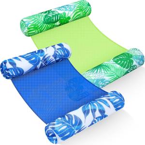Lunmon 2 Pack Pool Floats Foam Hammock for Adults Large Swim Noodles Bag Non Inflatable Floating Bag Lounge Chairs PVC Bean Quick-Drying Mesh Summer Beach Party(Blue and Green,Leaf)